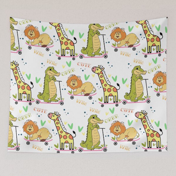 Item preview, seamless pattern with animals, colorful doodle wild animals and words pattern designed and sold by SabinArt.