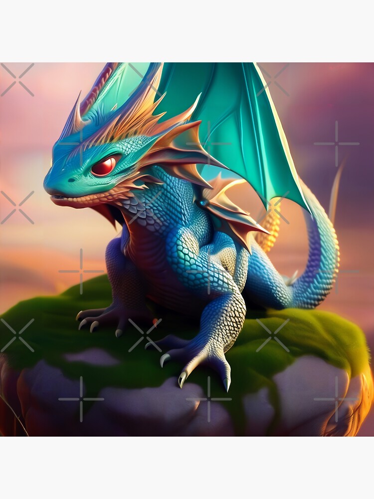Thumbnail 3 of 3, Sticker, Cyan, Blue, and Gold Winged Baby Dragon designed and sold by dragynrain.