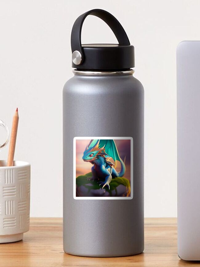 Thumbnail 1 of 3, Sticker, Cyan, Blue, and Gold Winged Baby Dragon designed and sold by dragynrain.