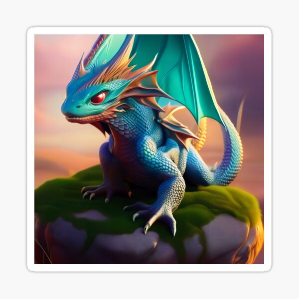 Cyan, Blue, and Gold Winged Baby Dragon Sticker