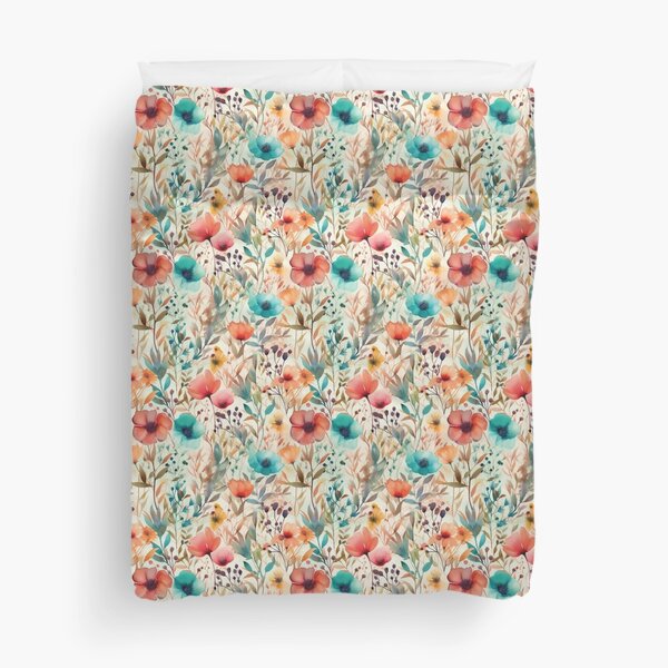 Watercolor Garden Florals - Red, Blue, and Yellow Flowers on Cream Background Duvet Cover