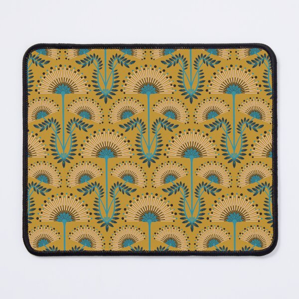 Item preview, MIMOSA Art Deco Roaring 20s Floral Botanical Damask Pattern in Turquoise Blue Pale Pink Black on Mustard Yellow - UnBlink Studio by Jackie Tahara designed and sold by Jackie Tahara of UnBlink Studio.