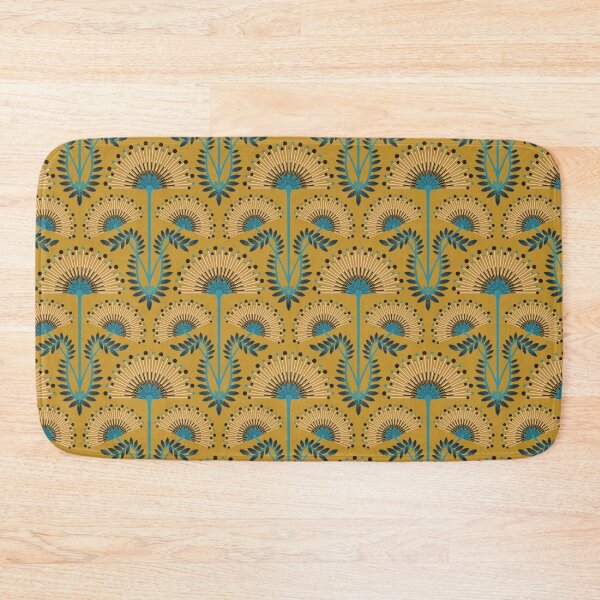 Item preview, MIMOSA Art Deco Roaring 20s Floral Botanical Damask Pattern in Turquoise Blue Pale Pink Black on Mustard Yellow - UnBlink Studio by Jackie Tahara designed and sold by Jackie Tahara of UnBlink Studio.