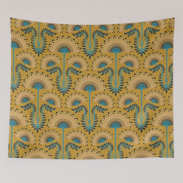 Item preview, MIMOSA Art Deco Roaring 20s Floral Botanical Damask Pattern in Turquoise Blue Pale Pink Black on Mustard Yellow - UnBlink Studio by Jackie Tahara designed and sold by Jackie Tahara of UnBlink Studio.