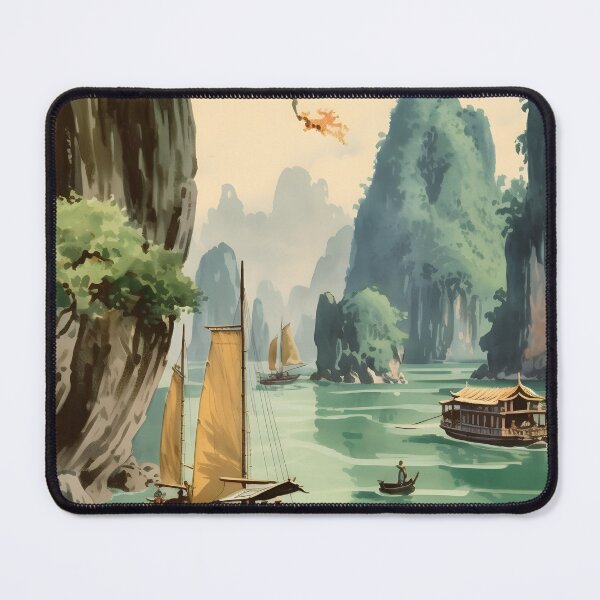 Item preview, Karst Serenade: A Vintage Gouache of Vietnam's Ha Long Bay Boat Ride designed and sold by Heritage Print Co.