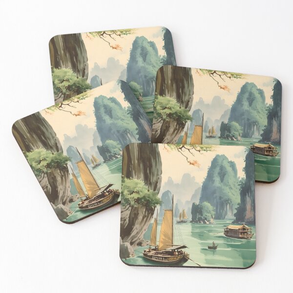 Item preview, Karst Serenade: A Vintage Gouache of Vietnam's Ha Long Bay Boat Ride designed and sold by Heritage Print Co.