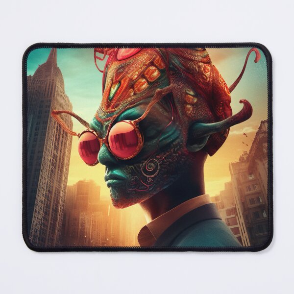 Item preview, Green elegant alien in red glasses walking through a city designed and sold by yatzo.
