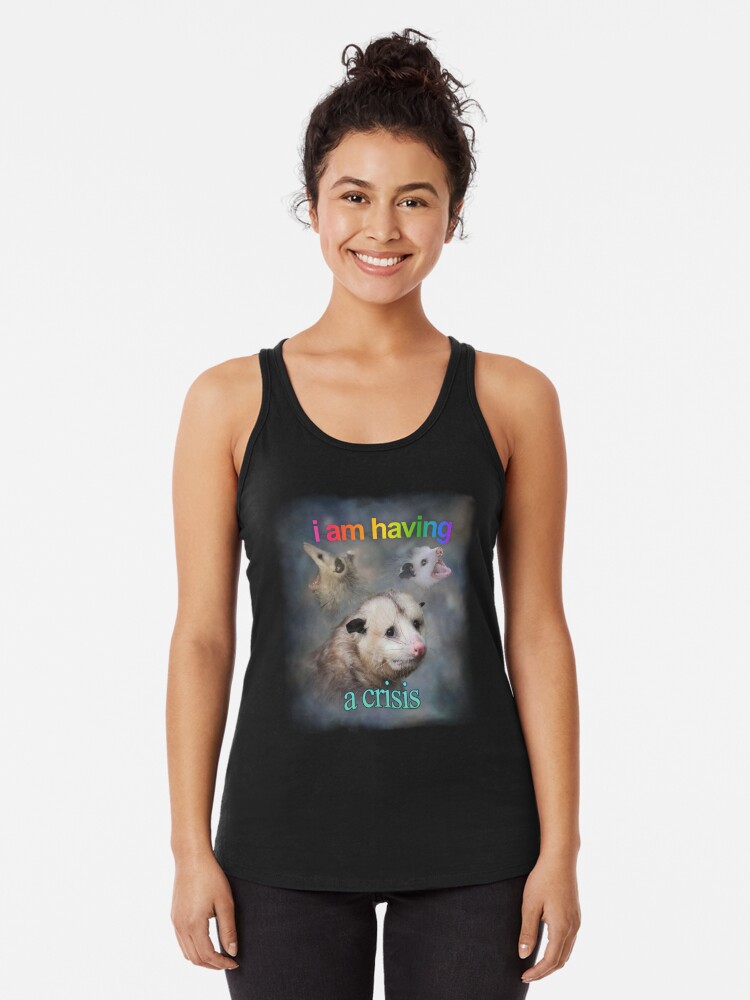 Thumbnail 1 of 3, Racerback Tank Top, I am having a crisis possum word art designed and sold by snazzyseagull.