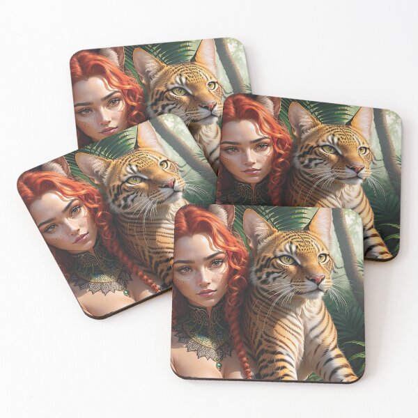 Item preview, Gorgeous Celtic redhead cat girl with her tiger in the jungle designed and sold by zotilus.