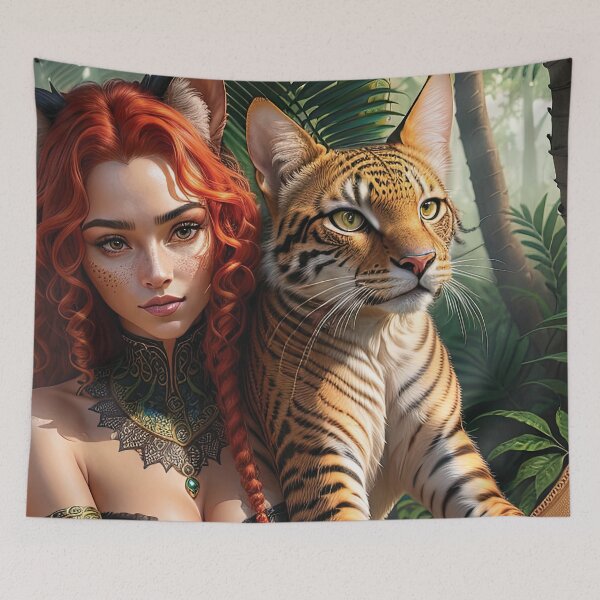 Item preview, Gorgeous Celtic redhead cat girl with her tiger in the jungle designed and sold by zotilus.