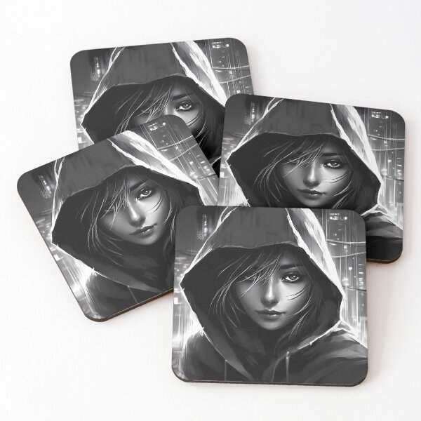 Item preview, Hooded hacker girl in a noir cityscape designed and sold by SingularityGeek.