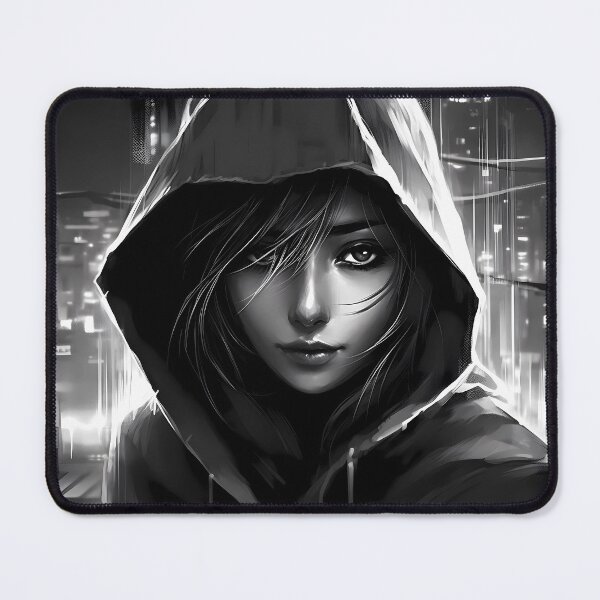 Item preview, Hooded hacker girl in a noir cityscape designed and sold by SingularityGeek.