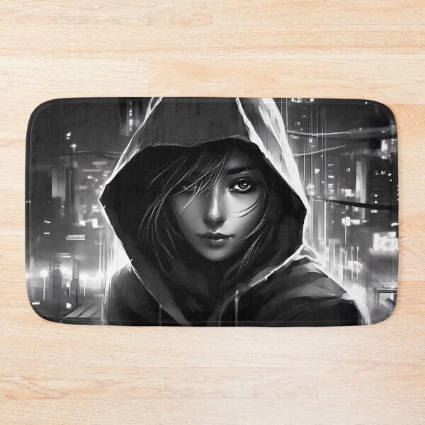 Item preview, Hooded hacker girl in a noir cityscape designed and sold by SingularityGeek.