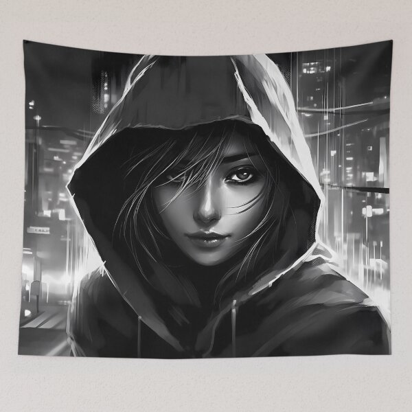 Item preview, Hooded hacker girl in a noir cityscape designed and sold by SingularityGeek.