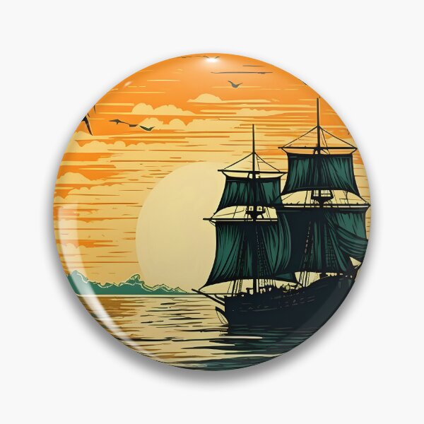 Aperçu de l'œuvre Bateau pirate déployant les voiles au milieu des palmiers au coucher du soleil sur la mer ouverte créée et vendue par SingularityGeek.