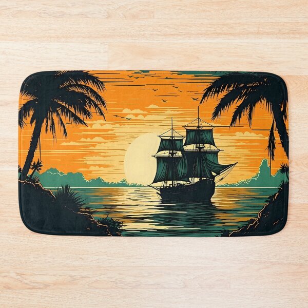 Item preview, Pirate ship unfurling sails amidst palm trees at sunset on the open sea designed and sold by SingularityGeek.