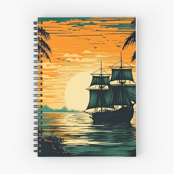 Item preview, Barco pirata desplegando velas en medio de palmeras al atardecer en mar abierto designed and sold by SingularityGeek.