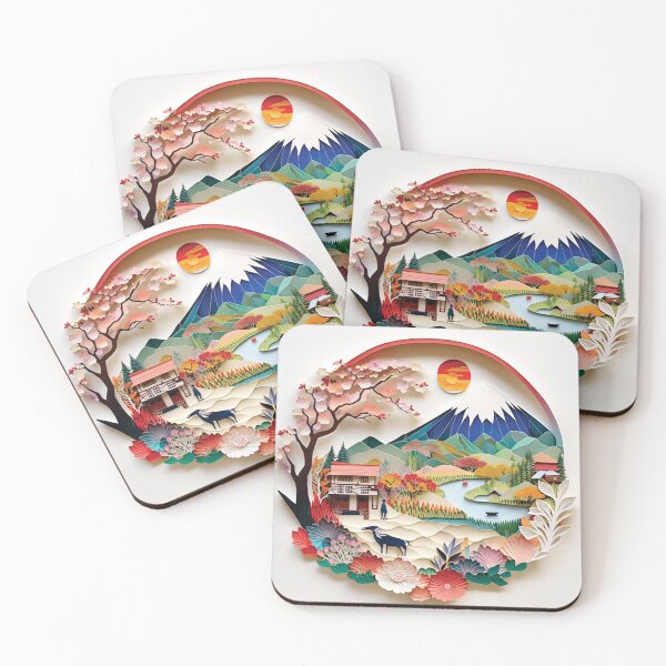 Item preview, Japanese landscape with warm colors, paper cut style designed and sold by artpapercuts.