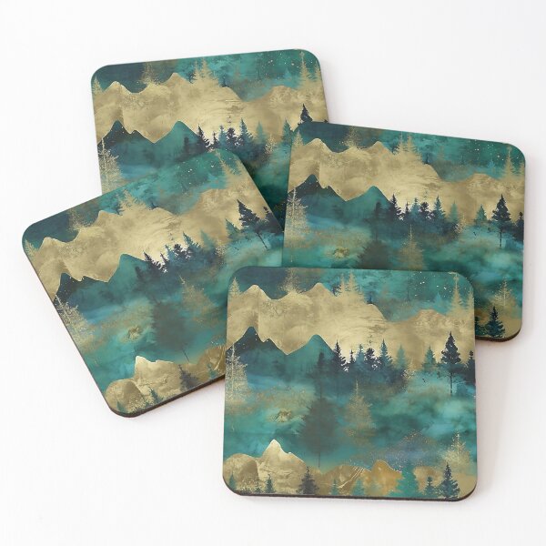 Item preview, Teal and Gold Metallic Watercolor Mountains and Trees Pattern designed and sold by TheArtMage.