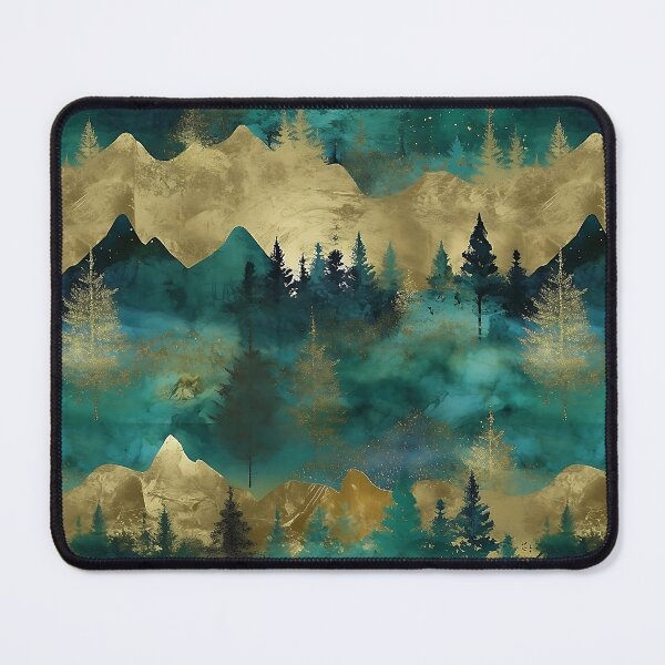Item preview, Teal and Gold Metallic Watercolor Mountains and Trees Pattern designed and sold by TheArtMage.