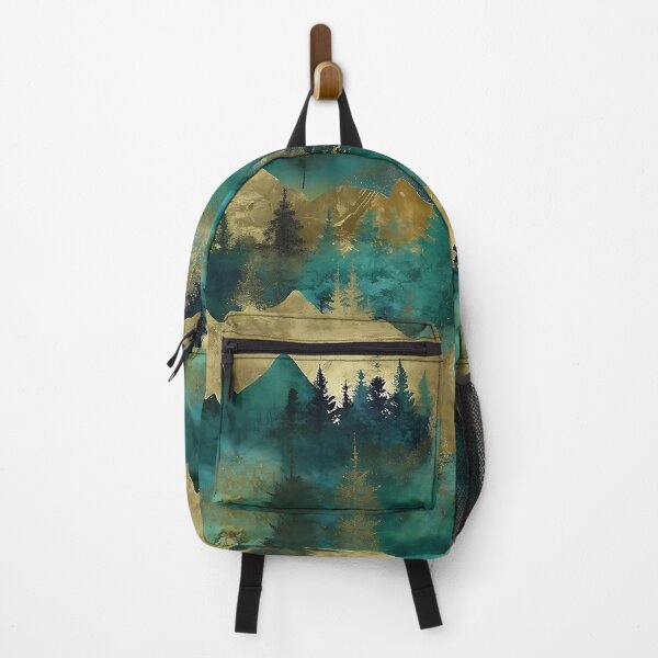 Item preview, Teal and Gold Metallic Watercolor Mountains and Trees Pattern designed and sold by TheArtMage.