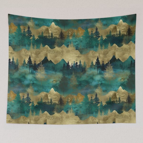Item preview, Teal and Gold Metallic Watercolor Mountains and Trees Pattern designed and sold by TheArtMage.