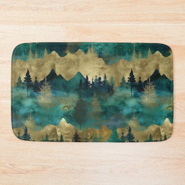 Item preview, Teal and Gold Metallic Watercolor Mountains and Trees Pattern designed and sold by TheArtMage.