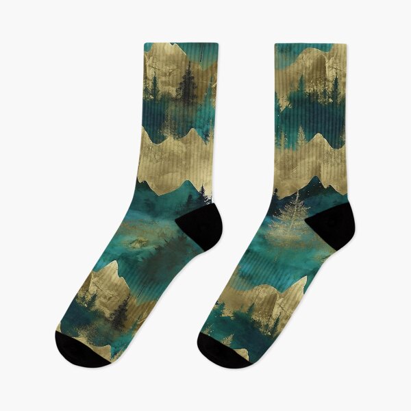 Aperçu de l'œuvre Motif de montagnes et d'arbres aquarelle métallisé bleu sarcelle et or créée et vendue par TheArtMage.
