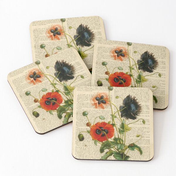Item preview, Botanical print, on old book page - colorful poppies designed and sold by Art by Lilia.