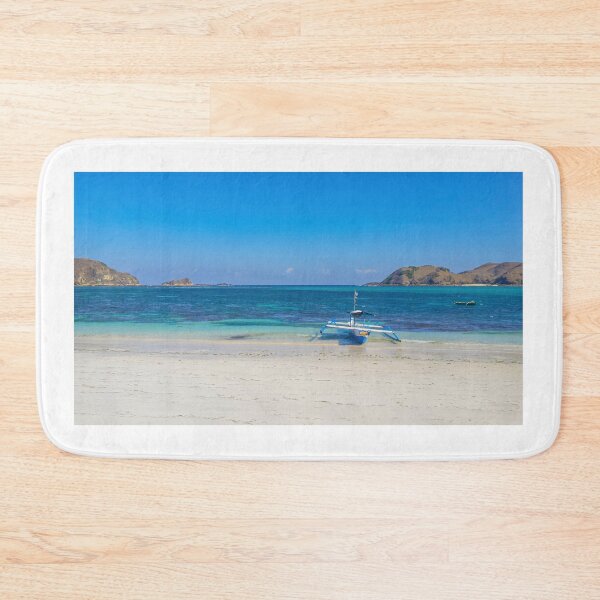 Item preview, A paradise lagoon beach with a blue longtail boat designed and sold by kall3bu.