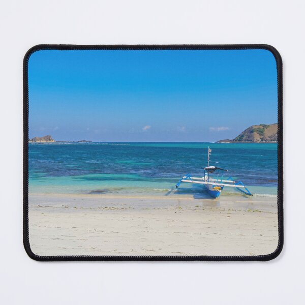 Item preview, A paradise lagoon beach with a blue longtail boat designed and sold by kall3bu.