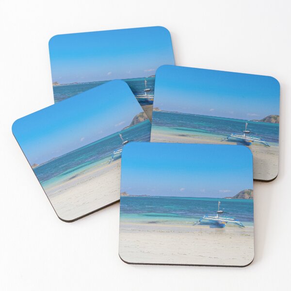Item preview, A paradise lagoon beach with a blue longtail boat designed and sold by kall3bu.