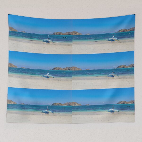 Item preview, A paradise lagoon beach with a blue longtail boat designed and sold by kall3bu.