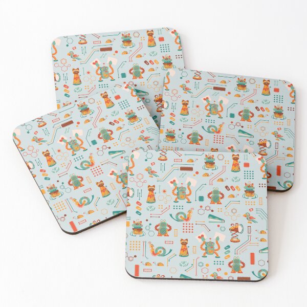 Item preview, Cute and Colorful Robots in green, orange, yellow and reddish colors on a light green circuit board background designed and sold by Melissa Plugge-Dekker.