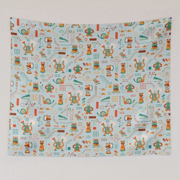Item preview, Cute and Colorful Robots in green, orange, yellow and reddish colors on a light green circuit board background designed and sold by Melissa Plugge-Dekker.
