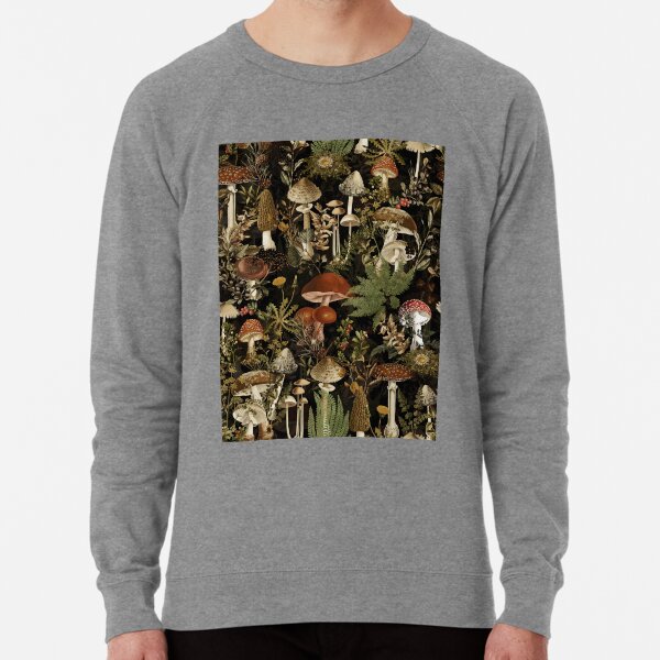 Vintage Midnight Mushrooms Forest Botanical Night Garden Pattern - Black Lightweight Sweatshirt