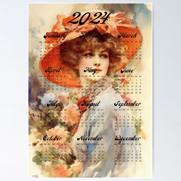 Calendar 2024 in English woman of the beautiful era Art Board Print by  designdu13