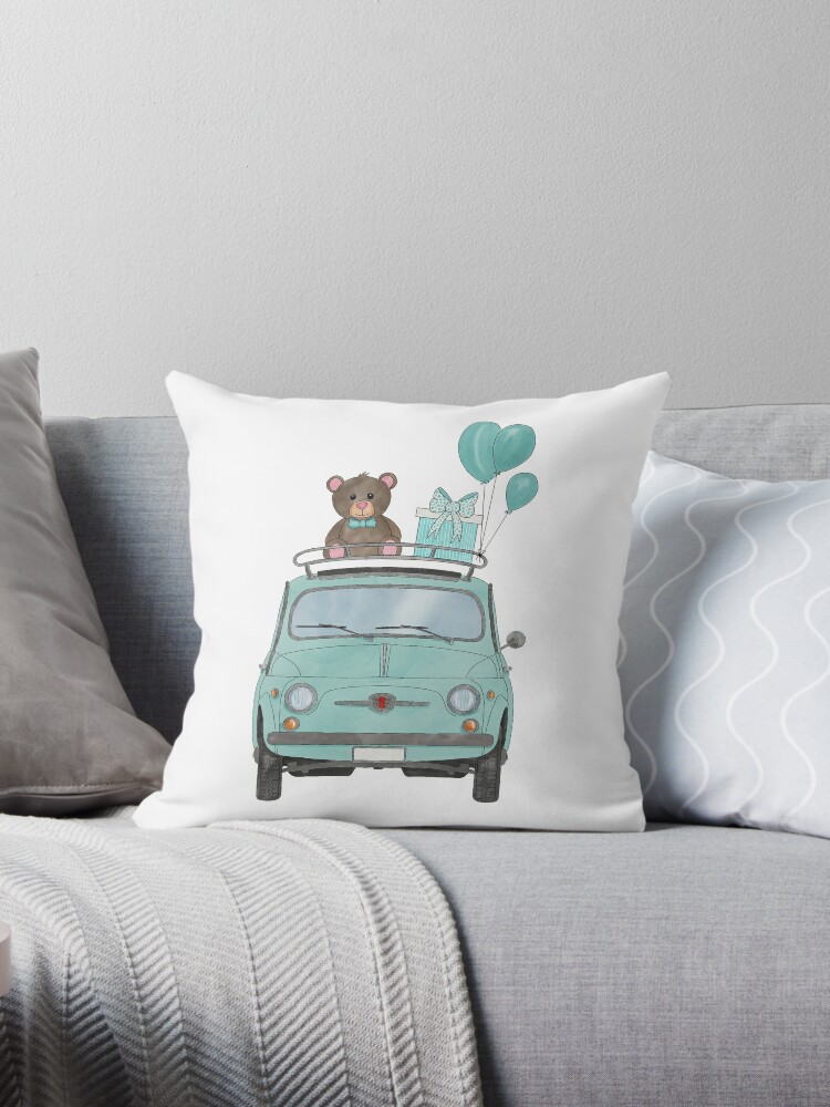 A smiling bear driving a small light blue car Throw Pillow by Simut