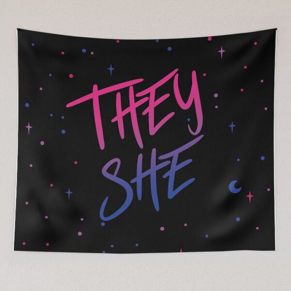 Item preview, Bi Flag Stars They/She Pronouns designed and sold by MoonMint.