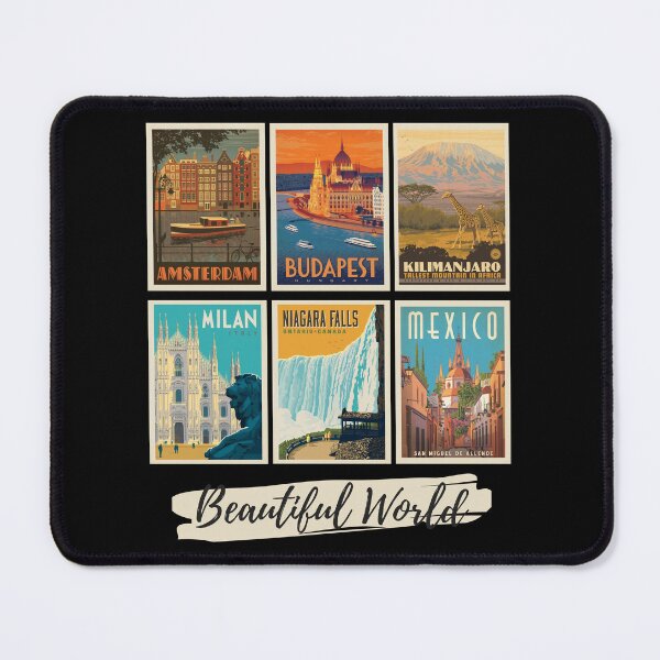 Item preview, Beautiful World is a collection of Vintage Posters in a Collage,, Milan, Niagra Falls, Mexico, Amsterdam, Budapest, and Kilimanjaro designed and sold by Rogue-Studio.