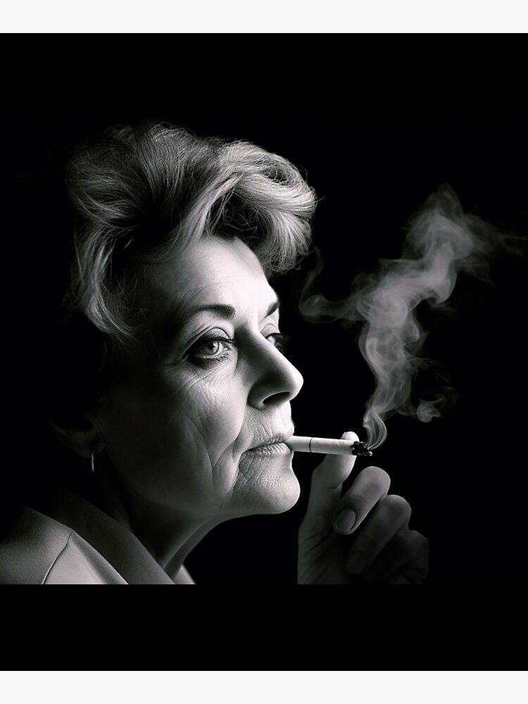 Portrait Mature Woman Smoking Cigarette Black and White Elderly Woman Vintage Parisian Smoking Face Paris Mounted Print