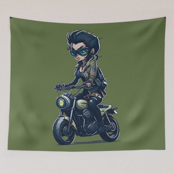 Item preview, Biker girl using googles riding a green motorcycle in green a jacket designed and sold by Splachanka.