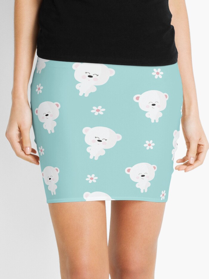 Thumbnail 1 of 4, Mini Skirt, Cute Kawaii White Bears and flowers designed and sold by Victoria Riabov.