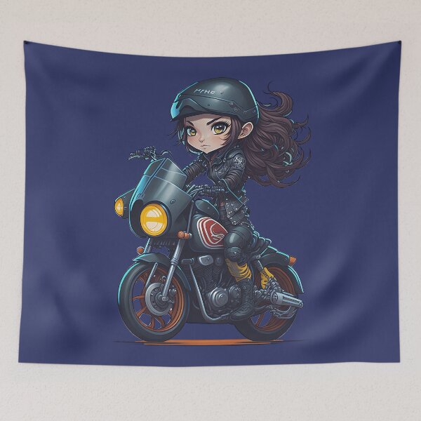 Item preview, Biker girl in leather clothes and a helmet riding a motorcycle, long hair blowing in the wind designed and sold by Splachanka.