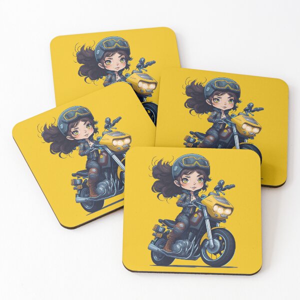 Item preview, Biker girl smiling in leather clothes and a helmet with googles riding a motorcycle with yellow details, long hair blowing in the wind designed and sold by Splachanka.