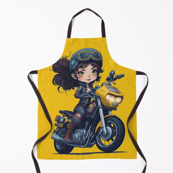 Item preview, Biker girl smiling in leather clothes and a helmet with googles riding a motorcycle with yellow details, long hair blowing in the wind designed and sold by Splachanka.