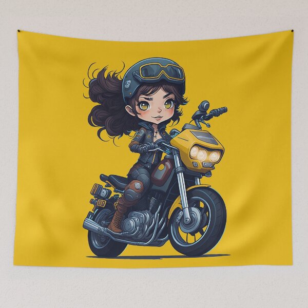 Item preview, Biker girl smiling in leather clothes and a helmet with googles riding a motorcycle with yellow details, long hair blowing in the wind designed and sold by Splachanka.