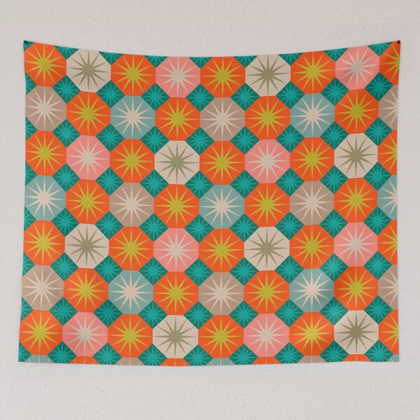 Item preview, HAIRCAP MOSS Stylized Geometric Botanical Sunburst Octagon Tile Pattern in Retro 1970s Turquoise Teal Orange Pink Yellow Beige - UnBlink Studio by Jackie Tahara designed and sold by Jackie Tahara of UnBlink Studio.