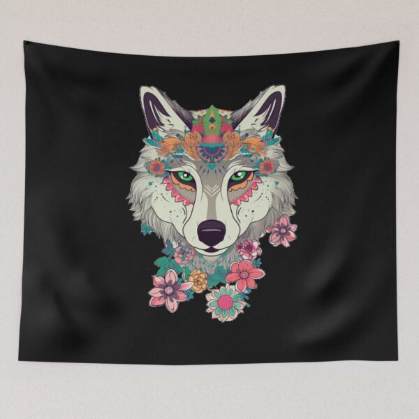 Item preview, Wolf with Flowers - Colorful and Unique T-shirt Design, Summon the spirit of wild nature with this beautiful wolf with flowers motif designed and sold by CRAZY&ART.