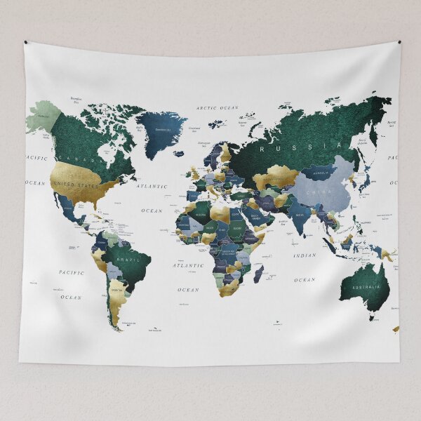 Item preview, World Map in Navy Blue and Emerald Green designed and sold by UrbanEpiphany.